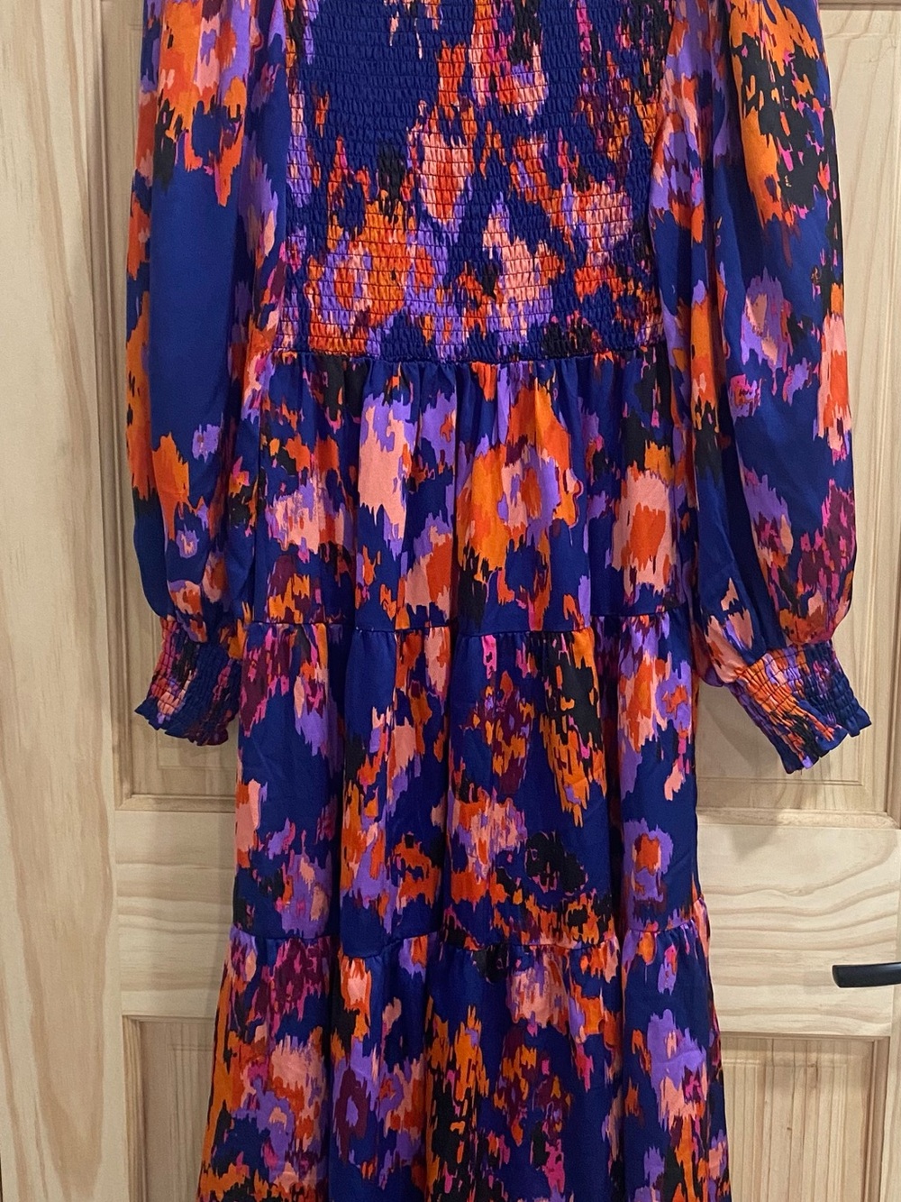 Umgee Navy Floral Tiered Long Sleeve Midi Dress with Orange & Purple Accents